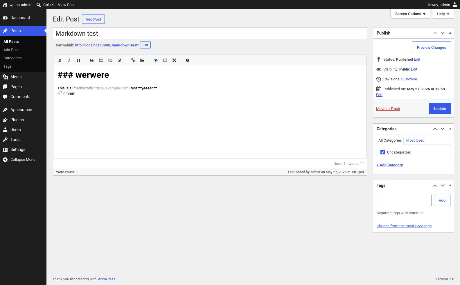 Markdown being edited in the wp-admin